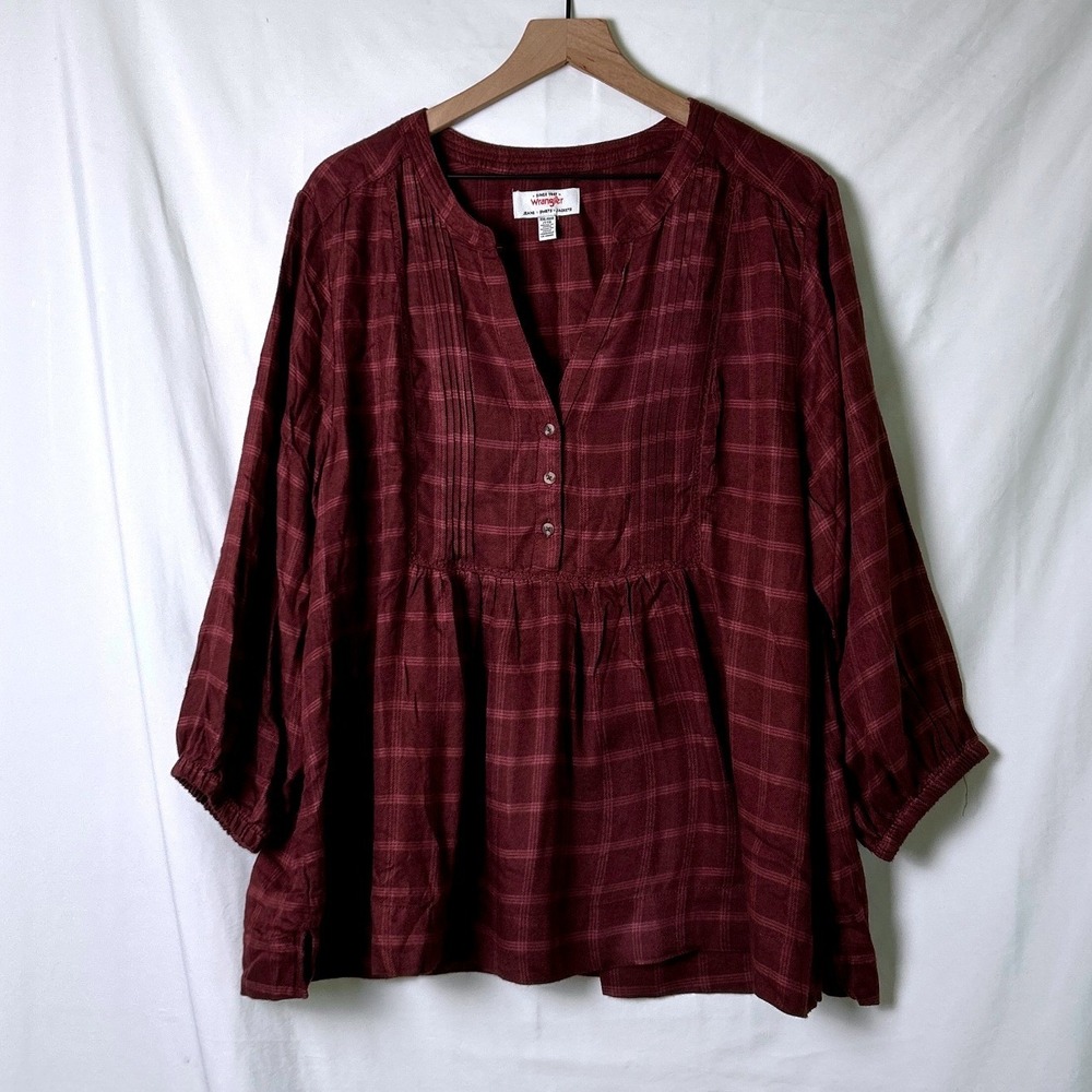 Wrangler Womens Plaid Pintuck Blouse Plus Size XXL Burgundy Boho Western Country